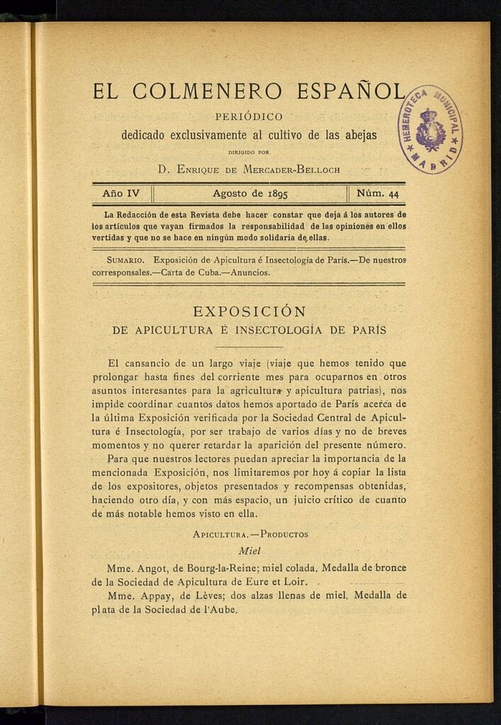 Miniatura de El Colmenero Español : periódico dedicado exclusivamente al cultivo de las abejas de agosto de 1895