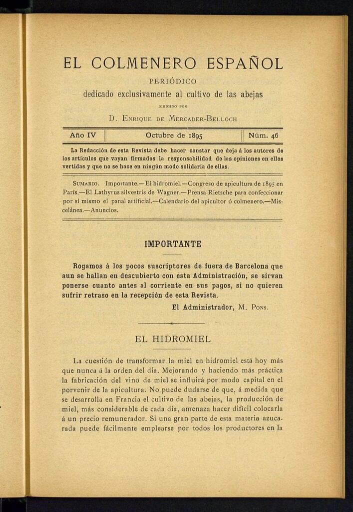 Miniatura de El Colmenero Español : periódico dedicado exclusivamente al cultivo de las abejas de octubre de 1895