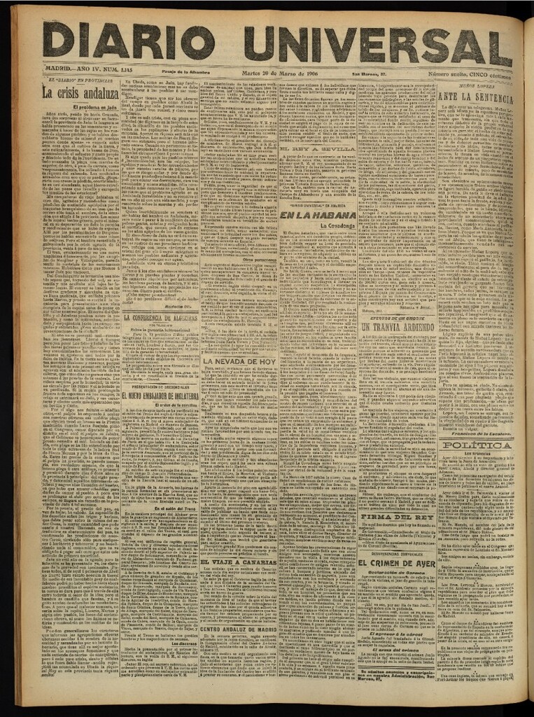 Miniatura de Diario Universal del 20 de marzo de 1906, edición de tarde