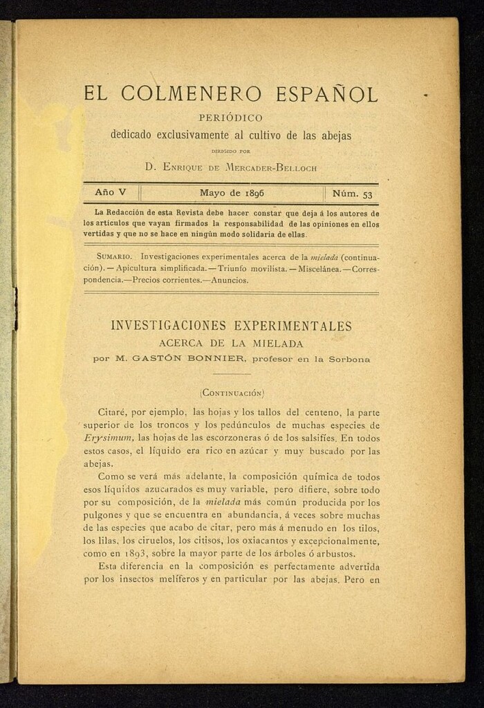 Miniatura de El Colmenero Español : periódico dedicado exclusivamente al cultivo de las abejas de mayo de 1896