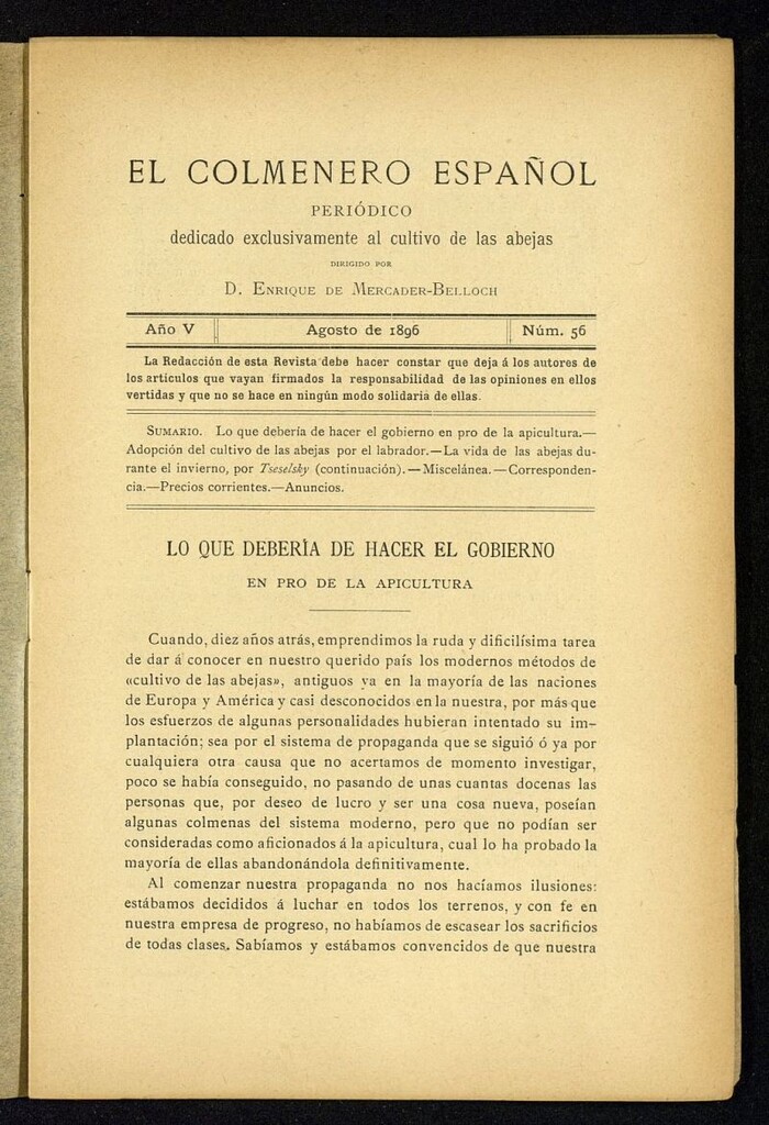 Miniatura de El Colmenero Español : periódico dedicado exclusivamente al cultivo de las abejas de agosto de 1896