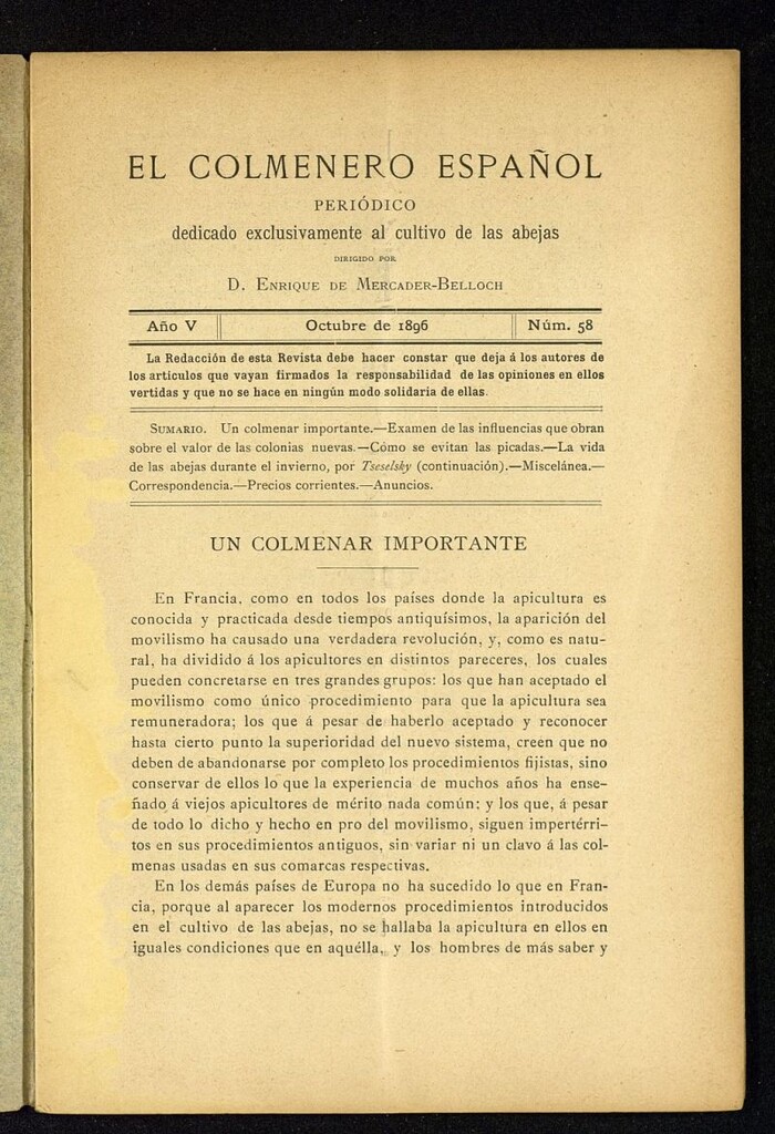 Miniatura de El Colmenero Español : periódico dedicado exclusivamente al cultivo de las abejas de octubre de 1896