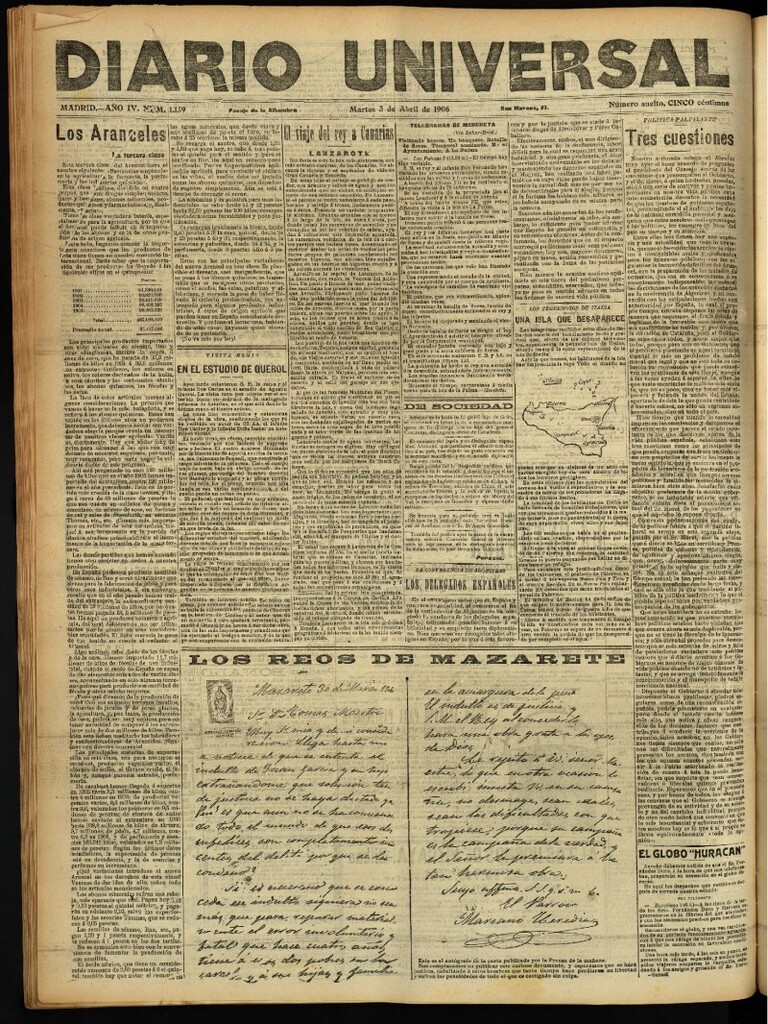 Miniatura de Diario Universal del 3 de abril de 1906, edición de noche