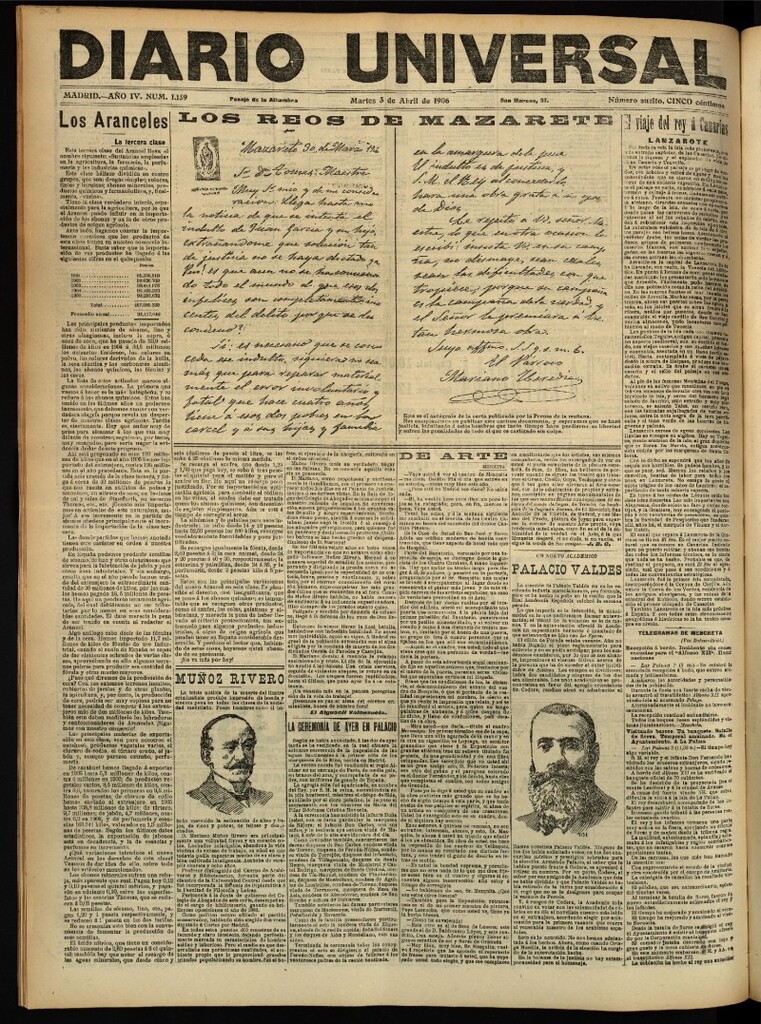 Miniatura de Diario Universal del 3 de abril de 1906, edición de tarde