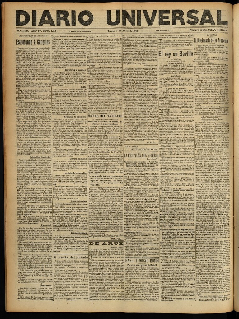 Miniatura de Diario Universal del 9 de abril de 1906, edición de noche