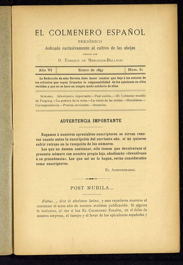 Miniatura de El Colmenero Español : periódico dedicado exclusivamente al cultivo de las abejas de enero de 1897