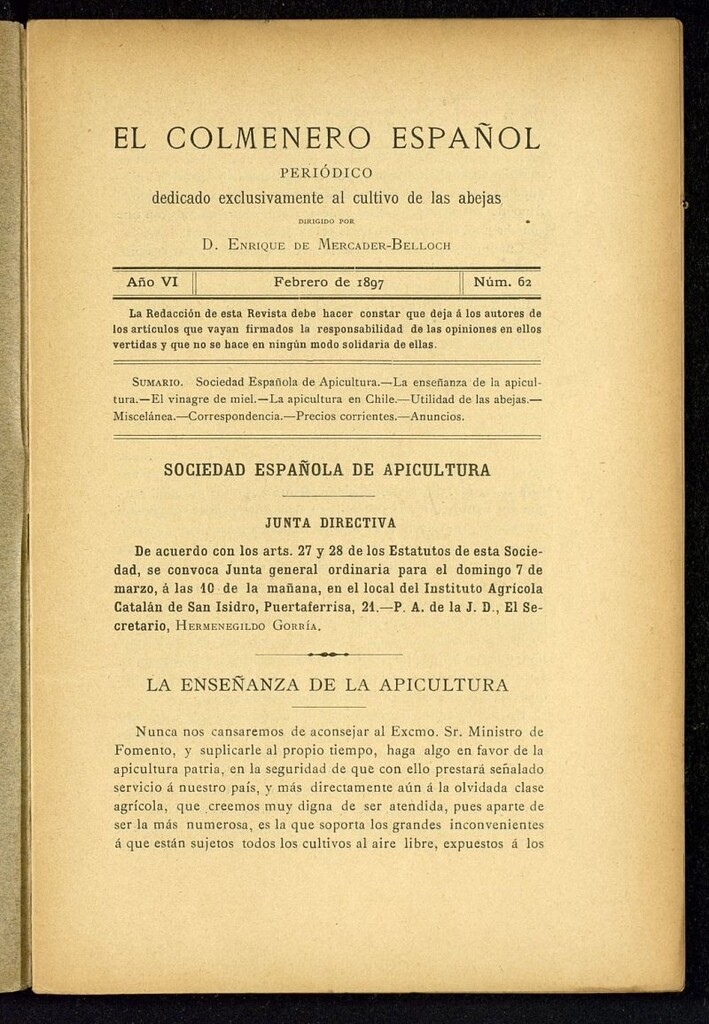 Miniatura de El Colmenero Español : periódico dedicado exclusivamente al cultivo de las abejas de febrero de 1897
