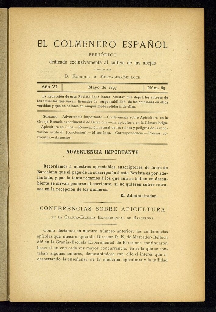 Miniatura de El Colmenero Español : periódico dedicado exclusivamente al cultivo de las abejas de mayo de 1897
