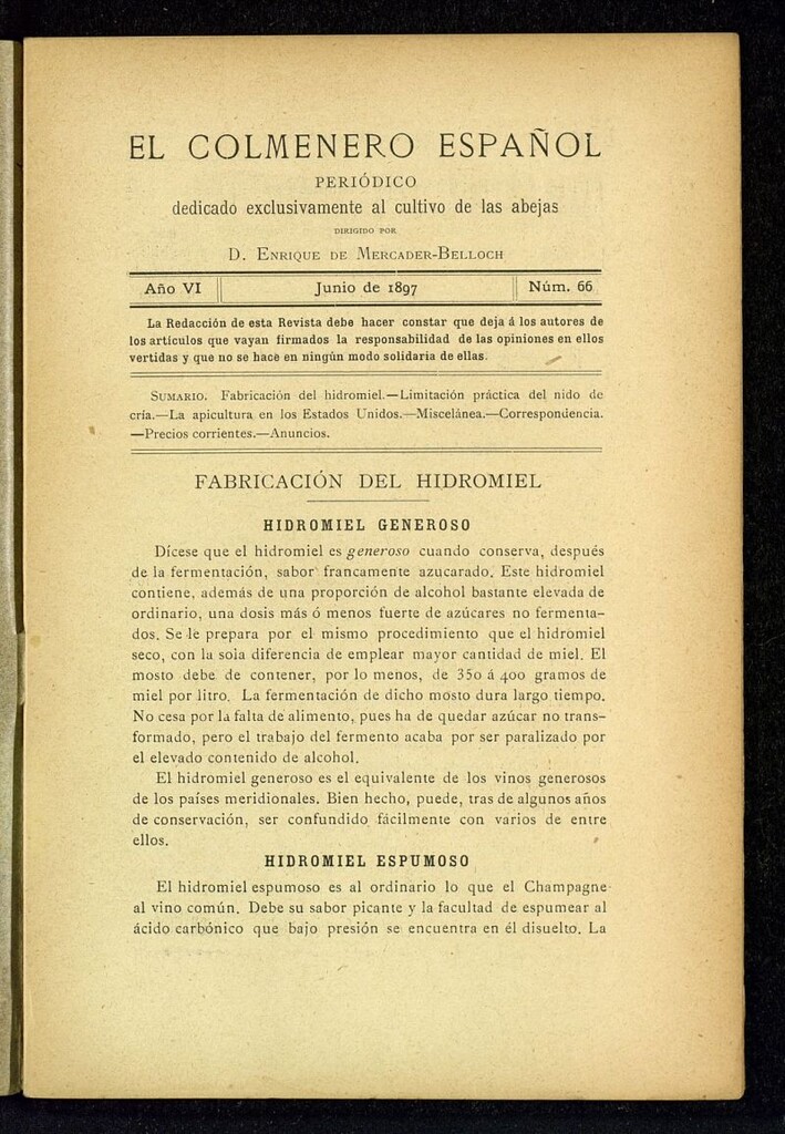 Miniatura de El Colmenero Español : periódico dedicado exclusivamente al cultivo de las abejas de junio de 1897