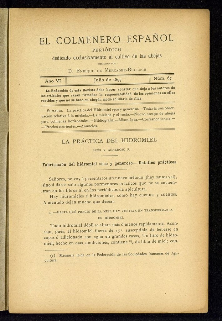 Miniatura de El Colmenero Español : periódico dedicado exclusivamente al cultivo de las abejas de julio de 1897