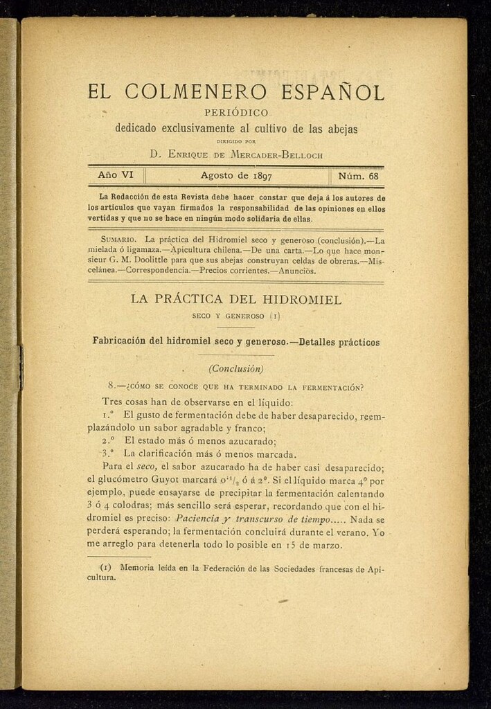 Miniatura de El Colmenero Español : periódico dedicado exclusivamente al cultivo de las abejas de agosto de 1897