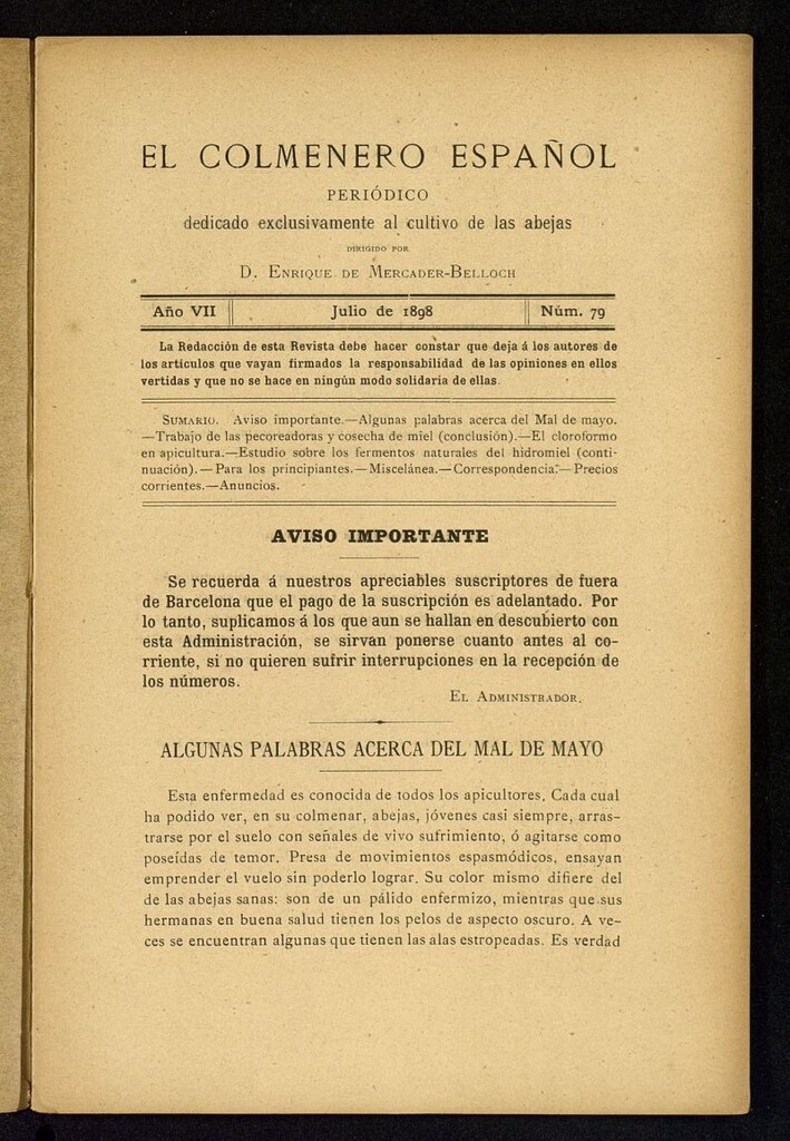 Miniatura de El Colmenero Español : periódico dedicado exclusivamente al cultivo de las abejas de julio de 1898