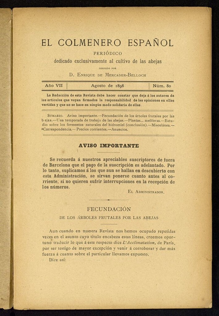Miniatura de El Colmenero Español : periódico dedicado exclusivamente al cultivo de las abejas de agosto de 1898