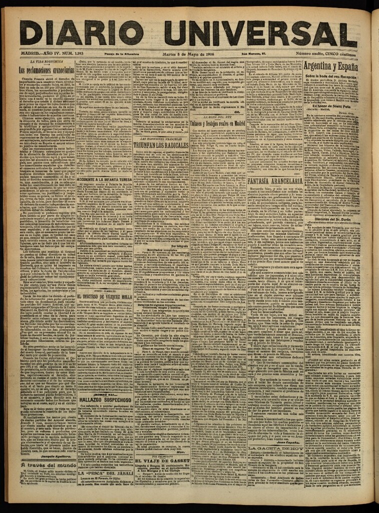 Miniatura de Diario Universal del 8 de mayo de 1906, edición de tarde