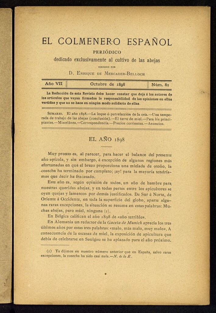 Miniatura de El Colmenero Español : periódico dedicado exclusivamente al cultivo de las abejas de octubre de 1898