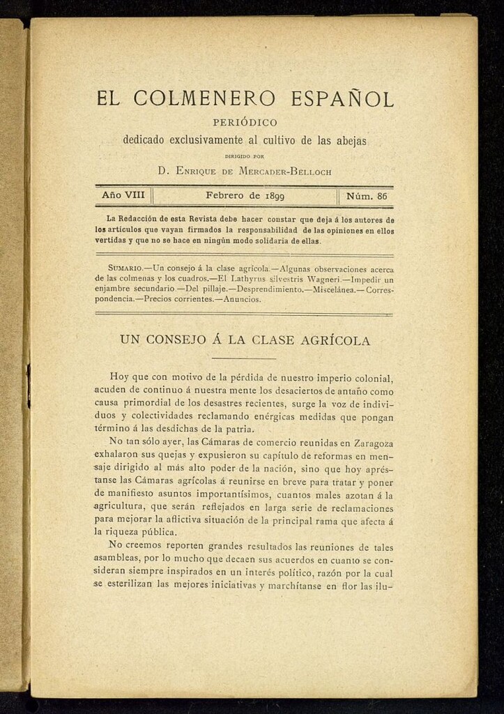 Miniatura de El Colmenero Español : periódico dedicado exclusivamente al cultivo de las abejas de febrero de 1899