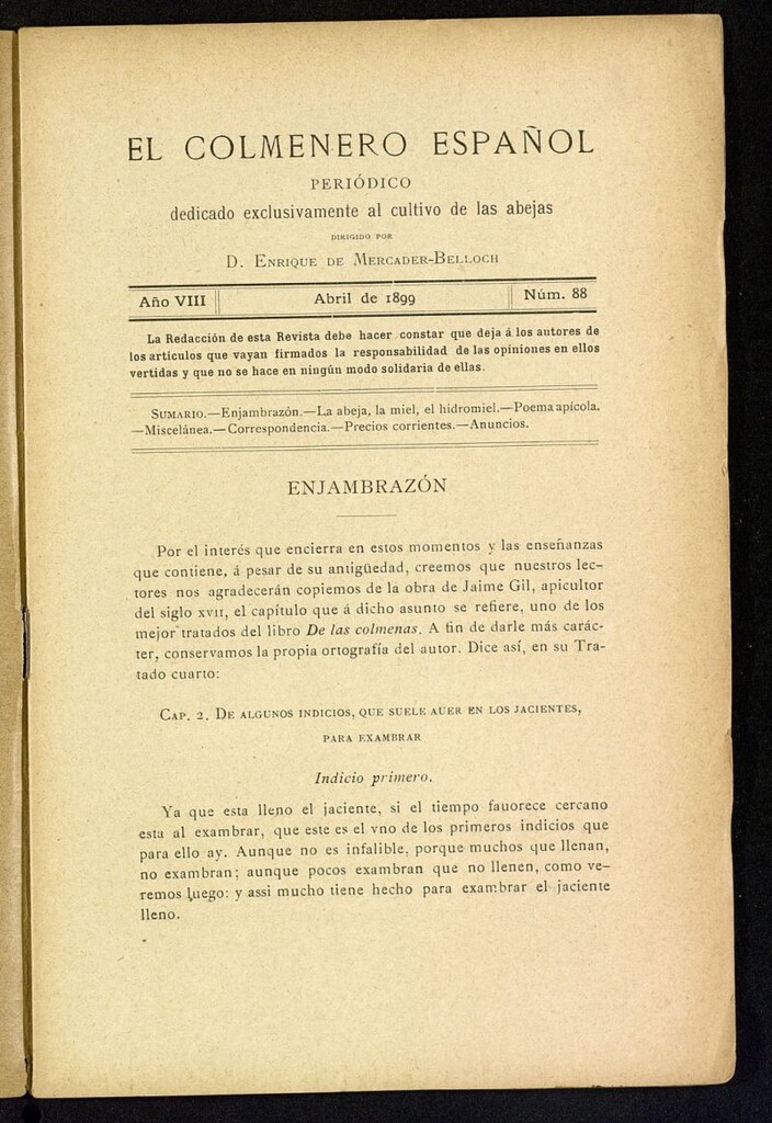 Miniatura de El Colmenero Español : periódico dedicado exclusivamente al cultivo de las abejas de abril de 1899