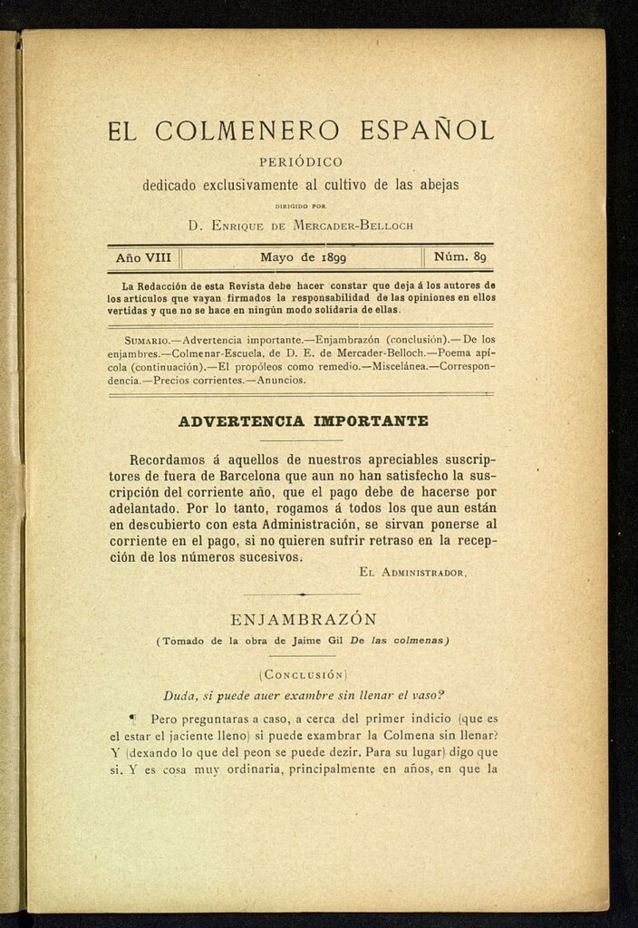 Miniatura de El Colmenero Español : periódico dedicado exclusivamente al cultivo de las abejas de mayo de 1899