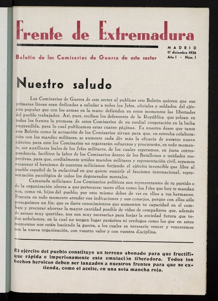 Miniatura de Frente de Extremadura: boletín de los Comisarios de Guerra de este Sector