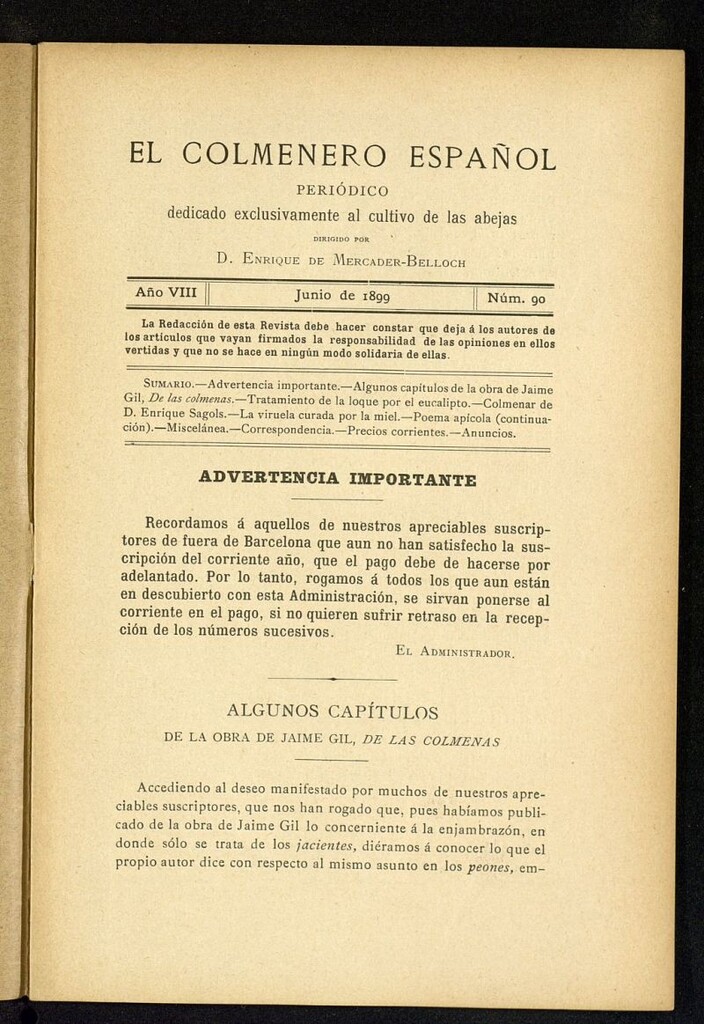 Miniatura de El Colmenero Español : periódico dedicado exclusivamente al cultivo de las abejas de junio de 1899