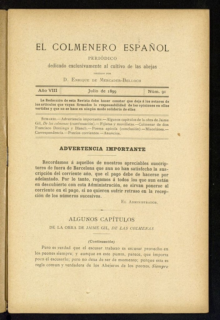Miniatura de El Colmenero Español : periódico dedicado exclusivamente al cultivo de las abejas de julio de 1899