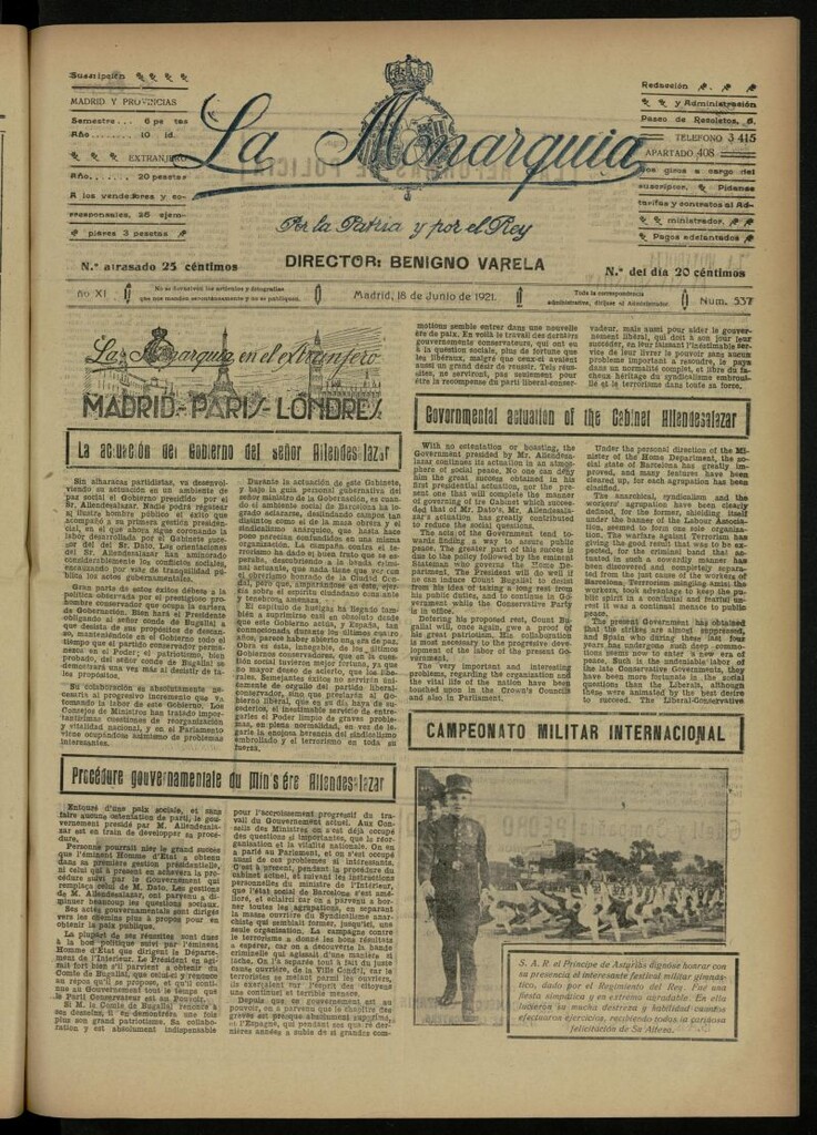 Miniatura de La Monarquía del 18 de junio de 1921, nº 537