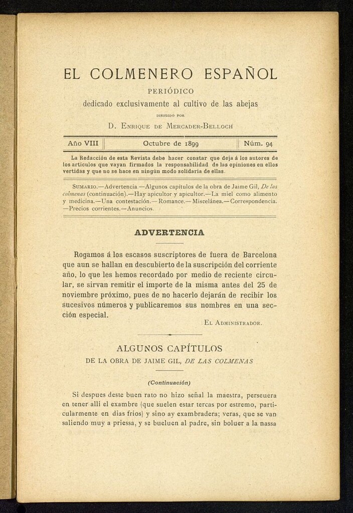 Miniatura de El Colmenero Español : periódico dedicado exclusivamente al cultivo de las abejas de octubre de 1899