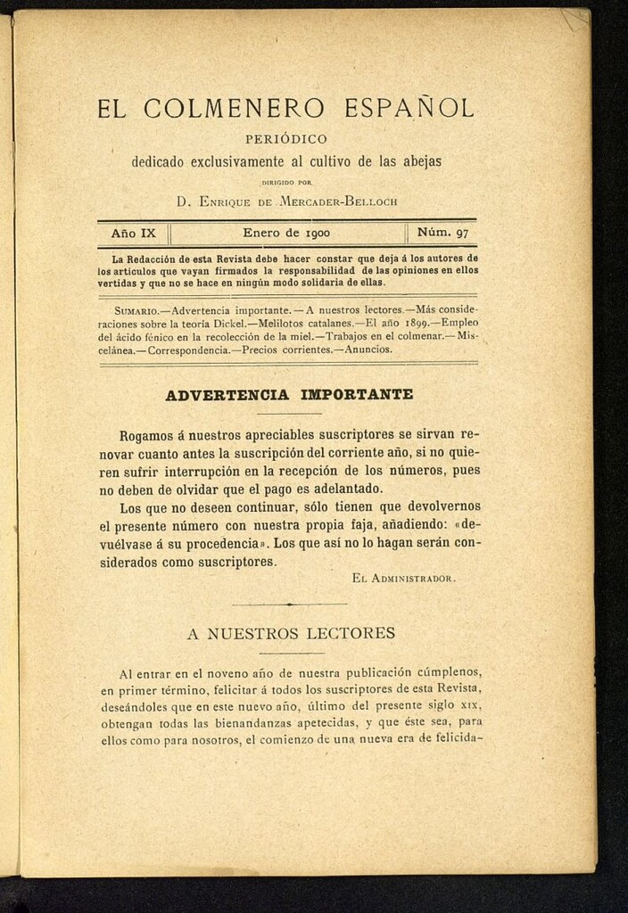 Miniatura de El Colmenero Español : periódico dedicado exclusivamente al cultivo de las abejas de enero de 1900