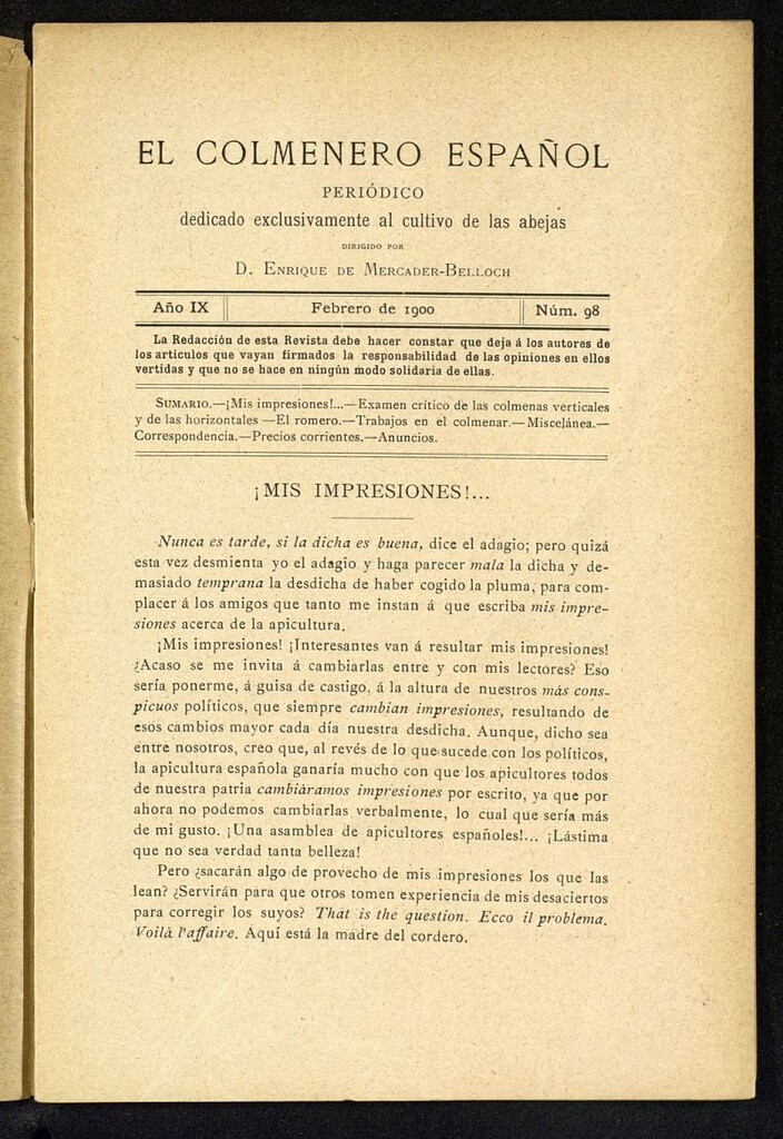 Miniatura de El Colmenero Español : periódico dedicado exclusivamente al cultivo de las abejas de febrero de 1900