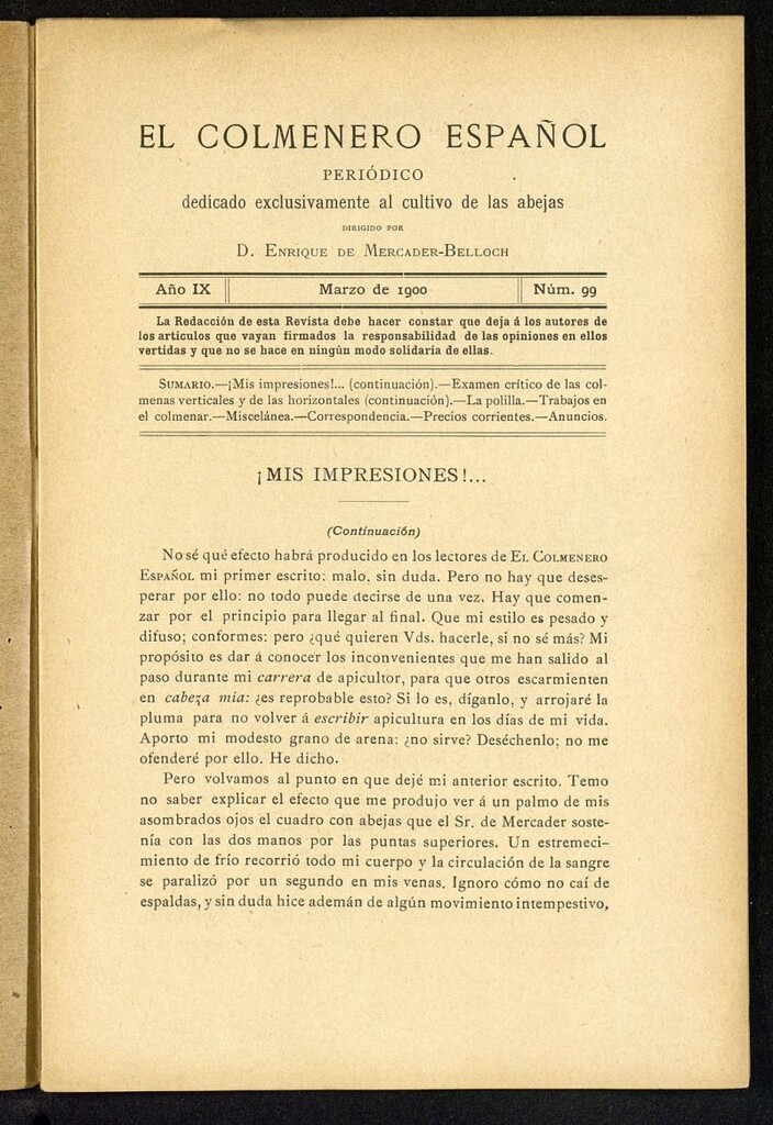 Miniatura de El Colmenero Español : periódico dedicado exclusivamente al cultivo de las abejas de marzo de 1900
