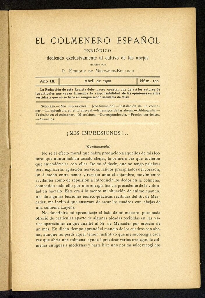 Miniatura de El Colmenero Español : periódico dedicado exclusivamente al cultivo de las abejas de abril de 1900