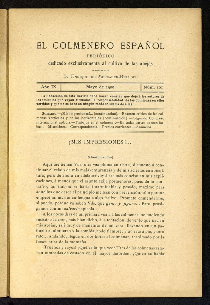 Miniatura de El Colmenero Español : periódico dedicado exclusivamente al cultivo de las abejas de mayo de 1900