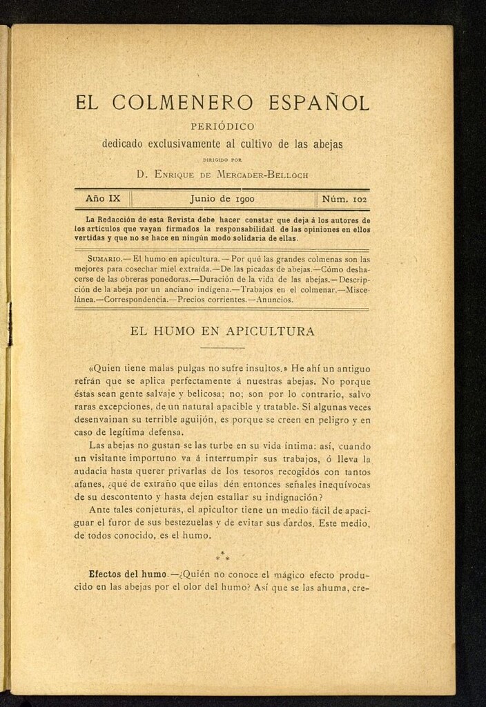 Miniatura de El Colmenero Español : periódico dedicado exclusivamente al cultivo de las abejas de junio de 1900