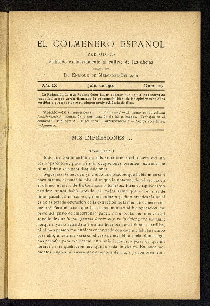 Miniatura de El Colmenero Español : periódico dedicado exclusivamente al cultivo de las abejas de julio de 1900