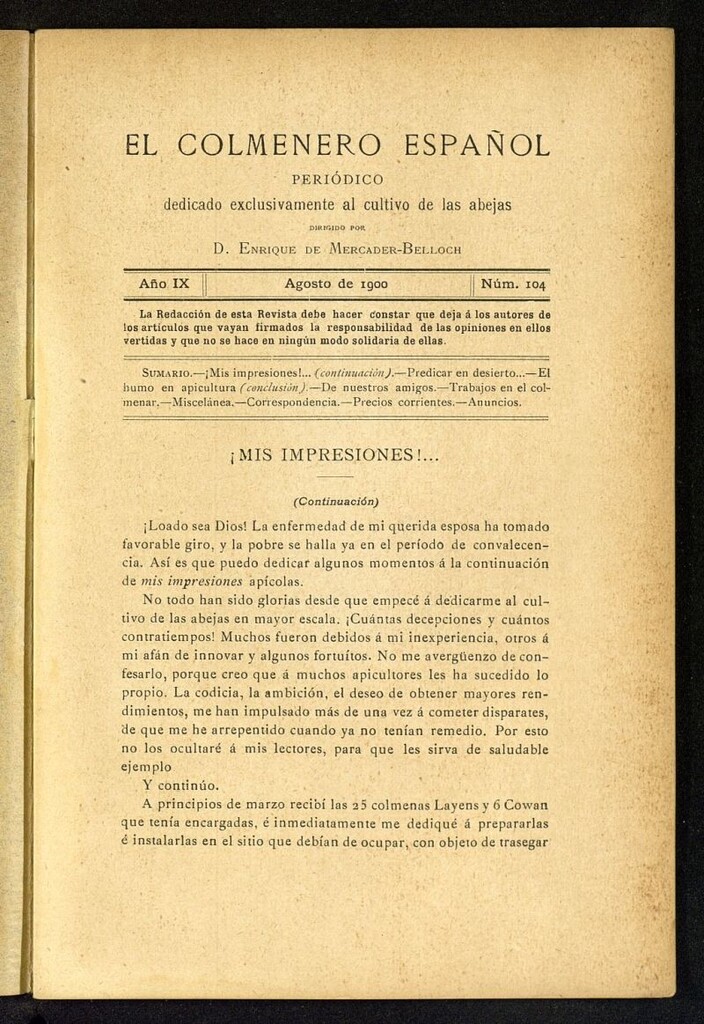 Miniatura de El Colmenero Español : periódico dedicado exclusivamente al cultivo de las abejas de agosto de 1900