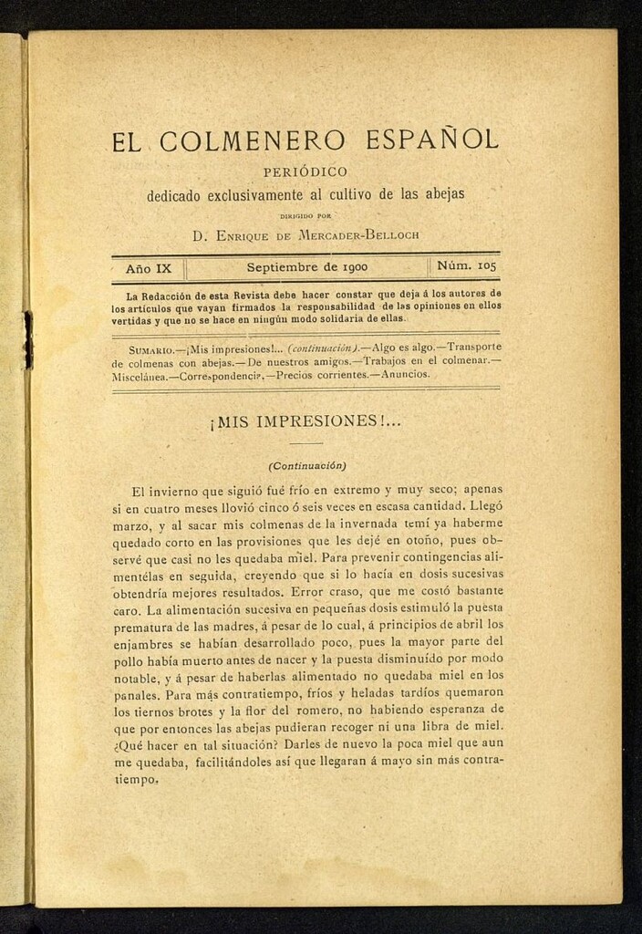 Miniatura de El Colmenero Español de septiembre de 1900