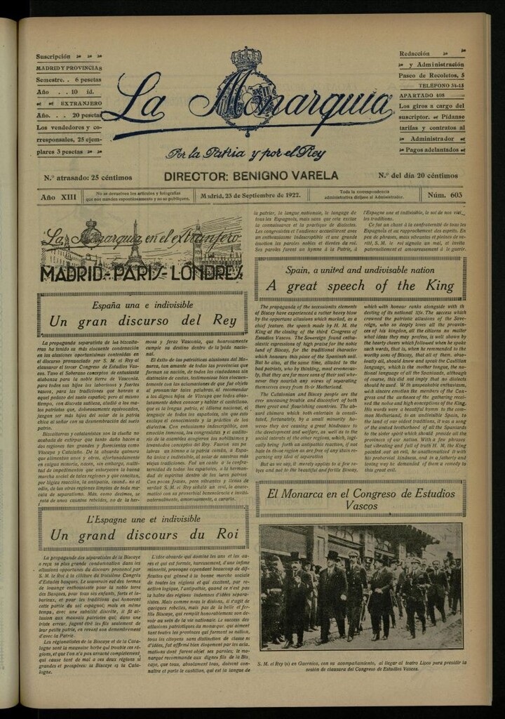 Miniatura de La Monarquía del 23 de septiembre de 1922, nº 603