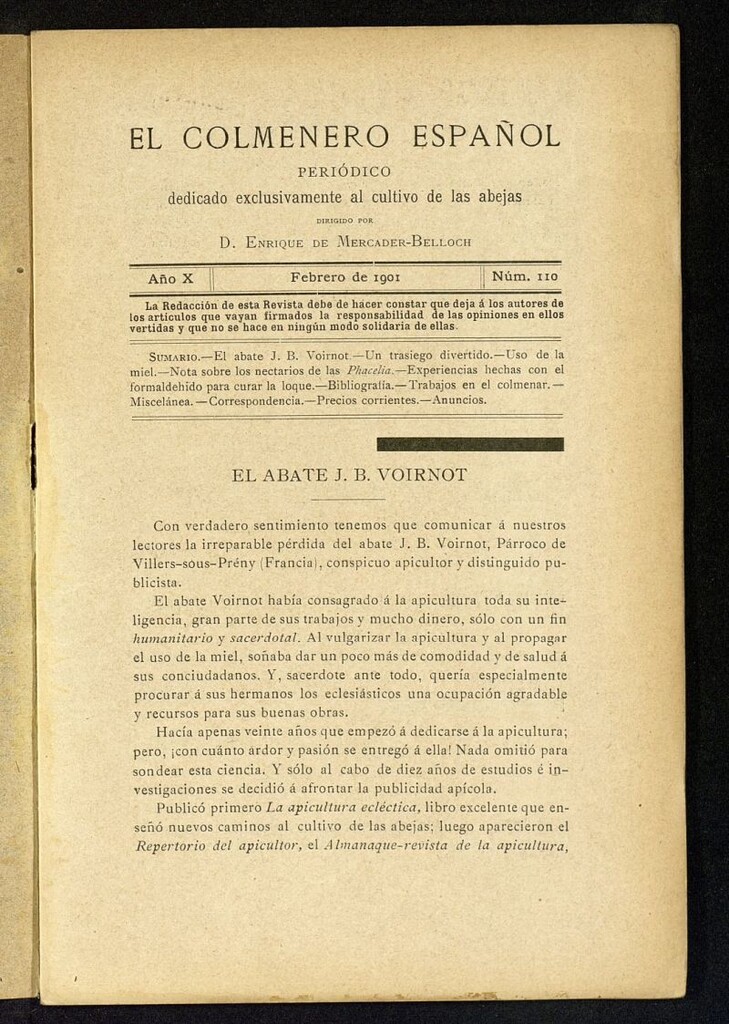Miniatura de El Colmenero Español : periódico dedicado exclusivamente al cultivo de las abejas de febrero de 1901