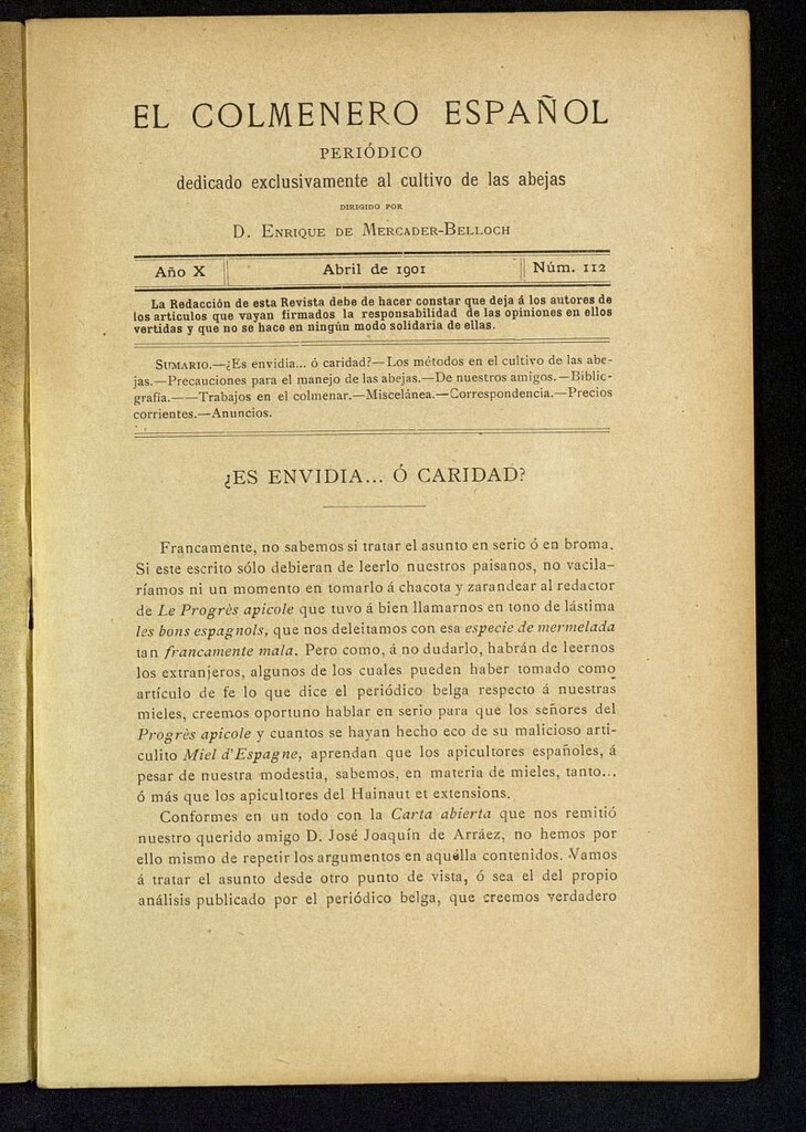 Miniatura de El Colmenero Español : periódico dedicado exclusivamente al cultivo de las abejas de abril de 1901