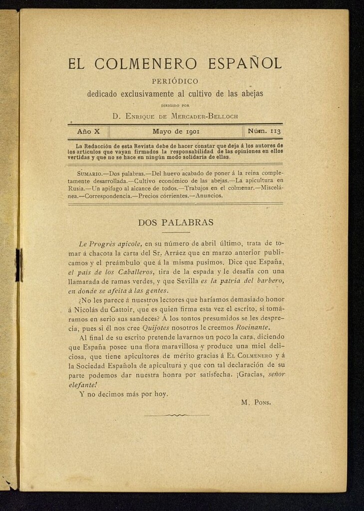 Miniatura de El Colmenero Español : periódico dedicado exclusivamente al cultivo de las abejas de mayo de 1901
