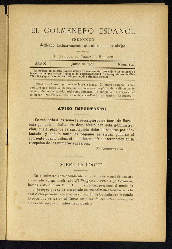 Miniatura de El Colmenero Español : periódico dedicado exclusivamente al cultivo de las abejas de junio de 1901
