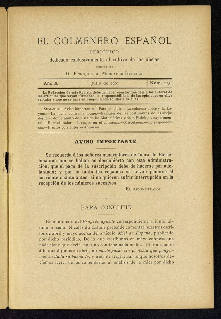 Miniatura de El Colmenero Español : periódico dedicado exclusivamente al cultivo de las abejas de julio de 1901