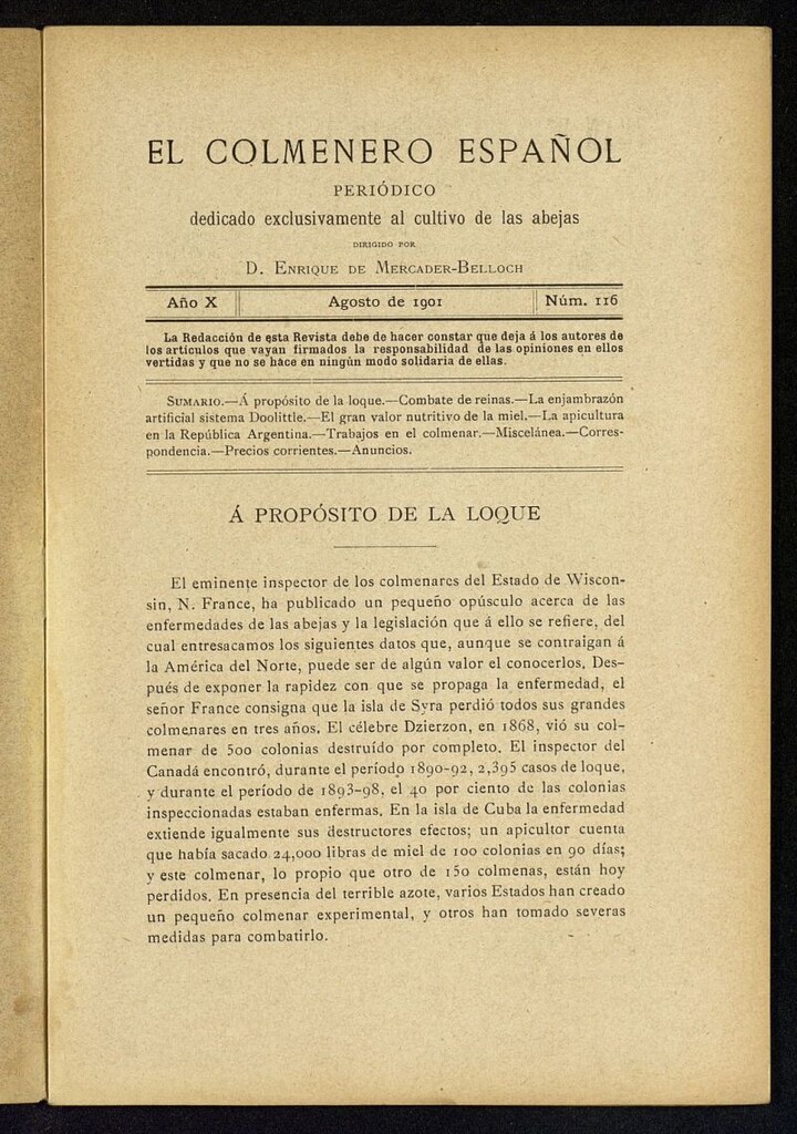 Miniatura de El Colmenero Español : periódico dedicado exclusivamente al cultivo de las abejas de agosto de 1901