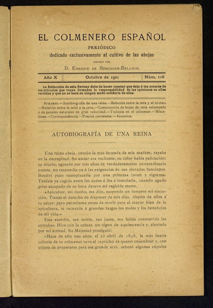 Miniatura de El Colmenero Español : periódico dedicado exclusivamente al cultivo de las abejas de octubre de 1901