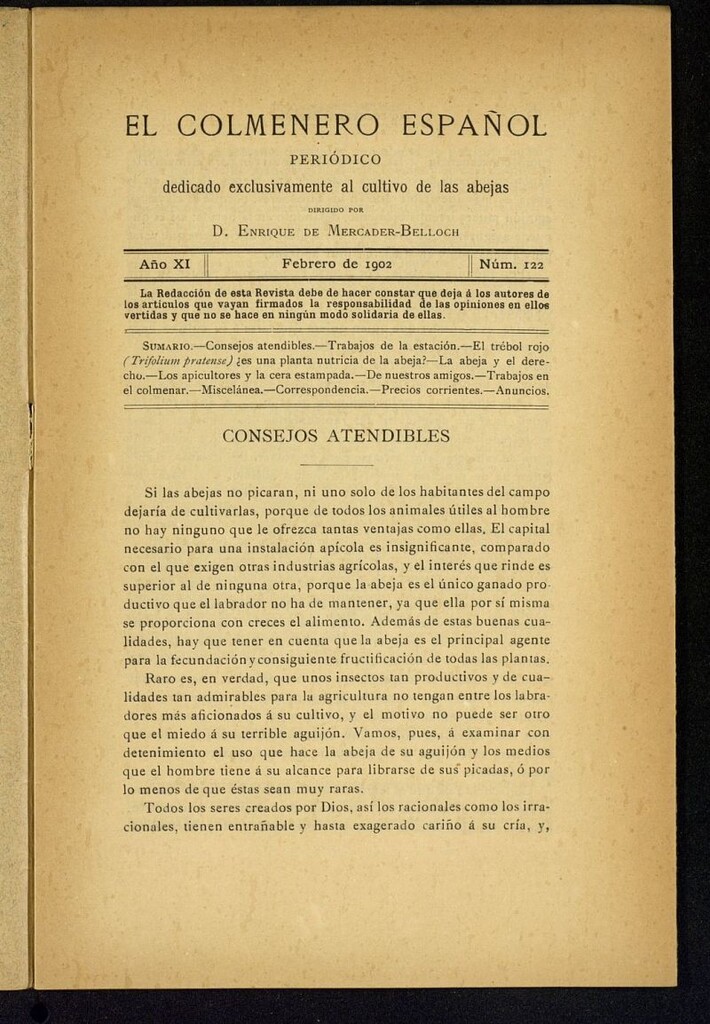 Miniatura de El Colmenero Español : periódico dedicado exclusivamente al cultivo de las abejas de febrero de 1902