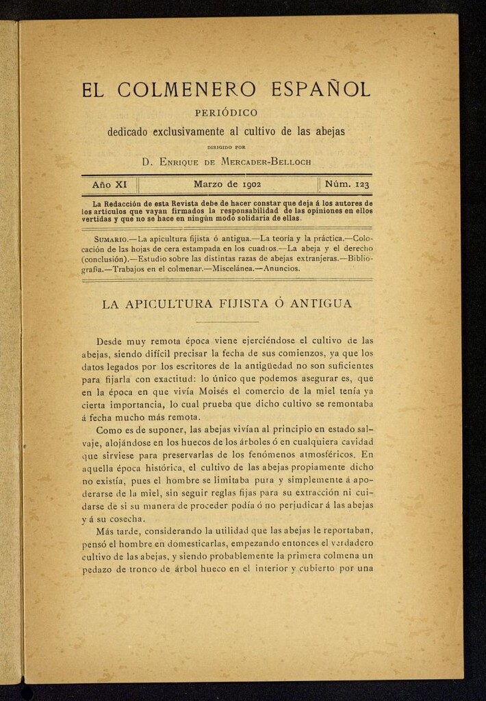 Miniatura de El Colmenero Español : periódico dedicado exclusivamente al cultivo de las abejas de marzo de 1902