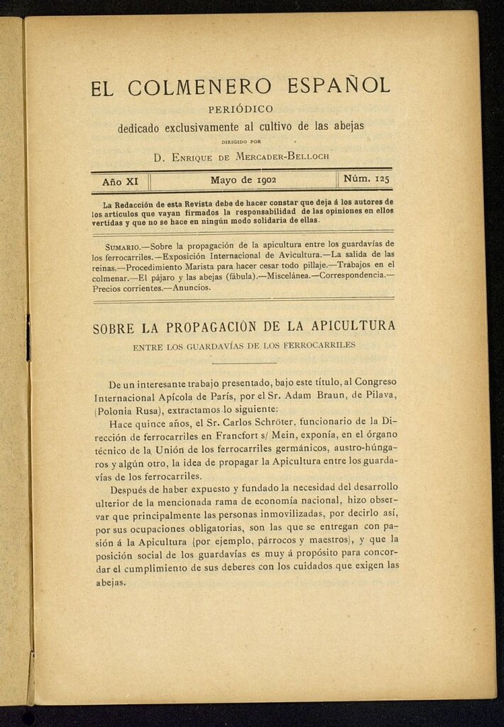 Miniatura de El Colmenero Español : periódico dedicado exclusivamente al cultivo de las abejas de mayo de 1902