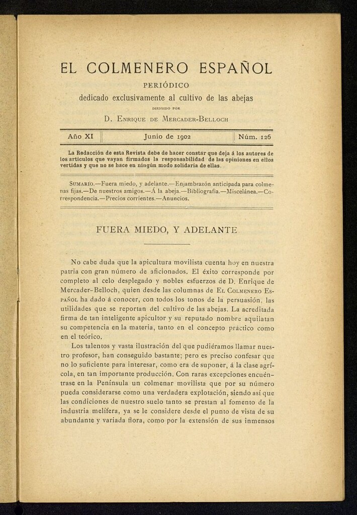 Miniatura de El Colmenero Español : periódico dedicado exclusivamente al cultivo de las abejas de junio de 1902