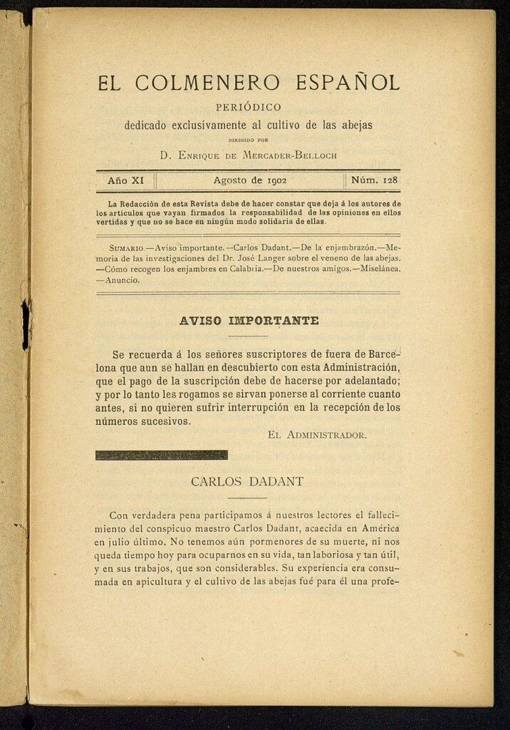 Miniatura de El Colmenero Español : periódico dedicado exclusivamente al cultivo de las abejas de agosto de 1902