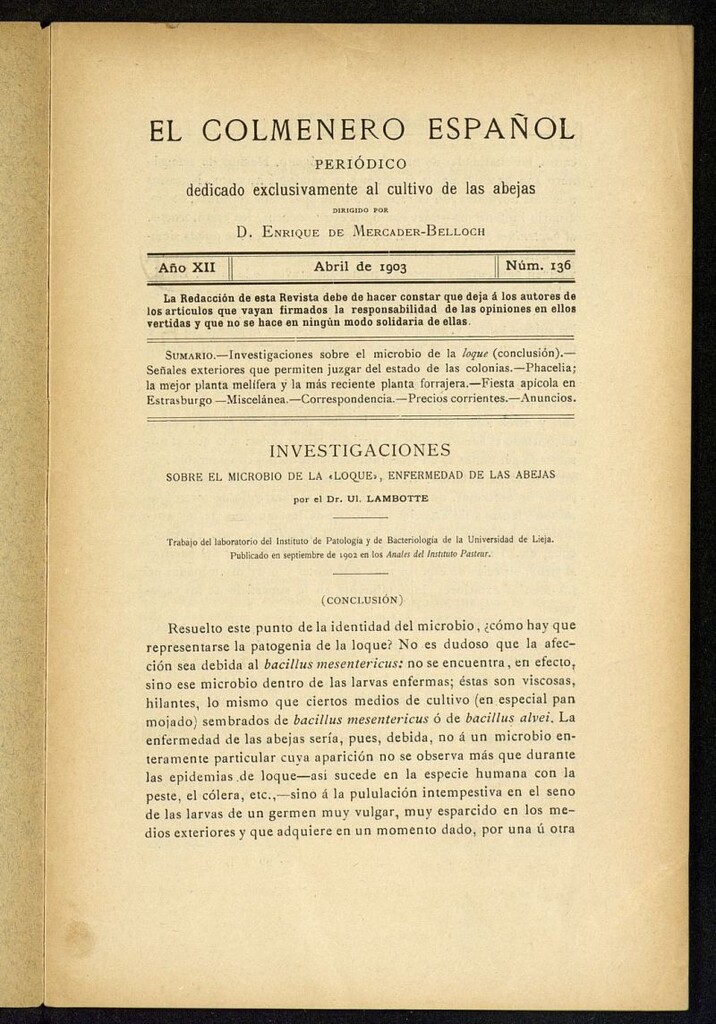 Miniatura de El Colmenero Español : periódico dedicado exclusivamente al cultivo de las abejas de abril de 1903